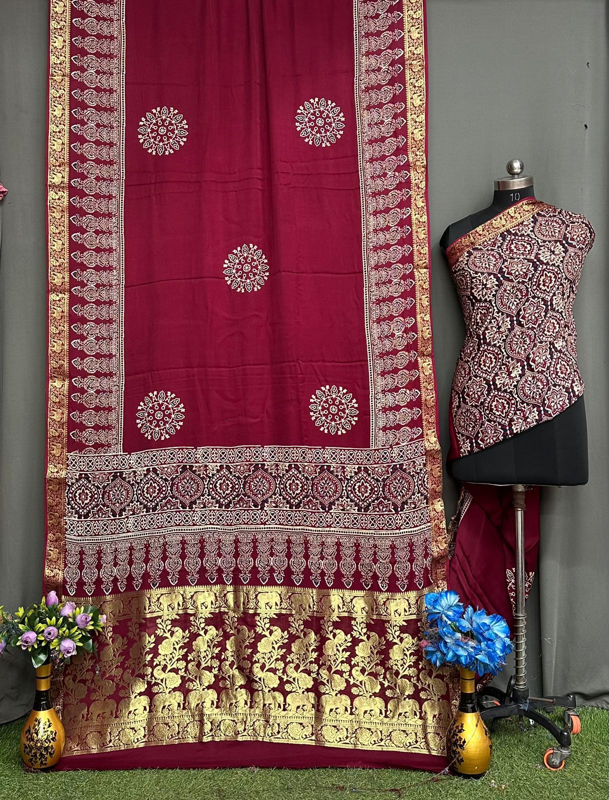 Ajrakh sarees with weaved zari