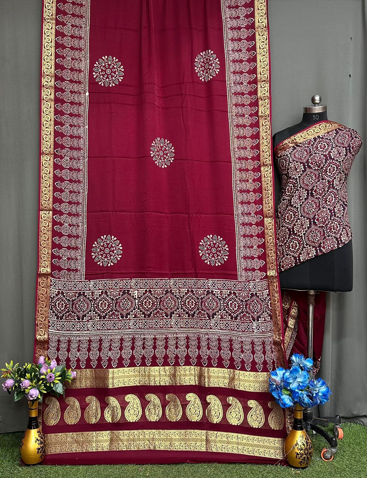Ajrakh sarees with weaved zari